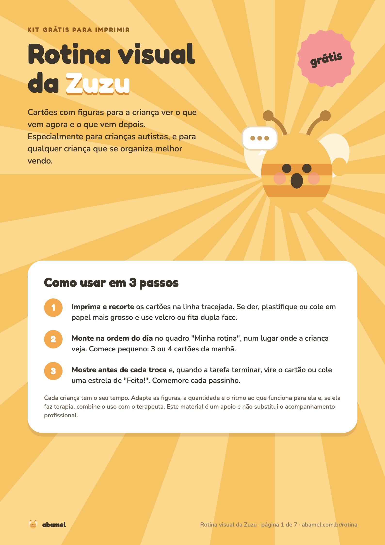 Capa do kit Rotina visual da Zuzu, com a abelhinha e os 3 passos de uso
